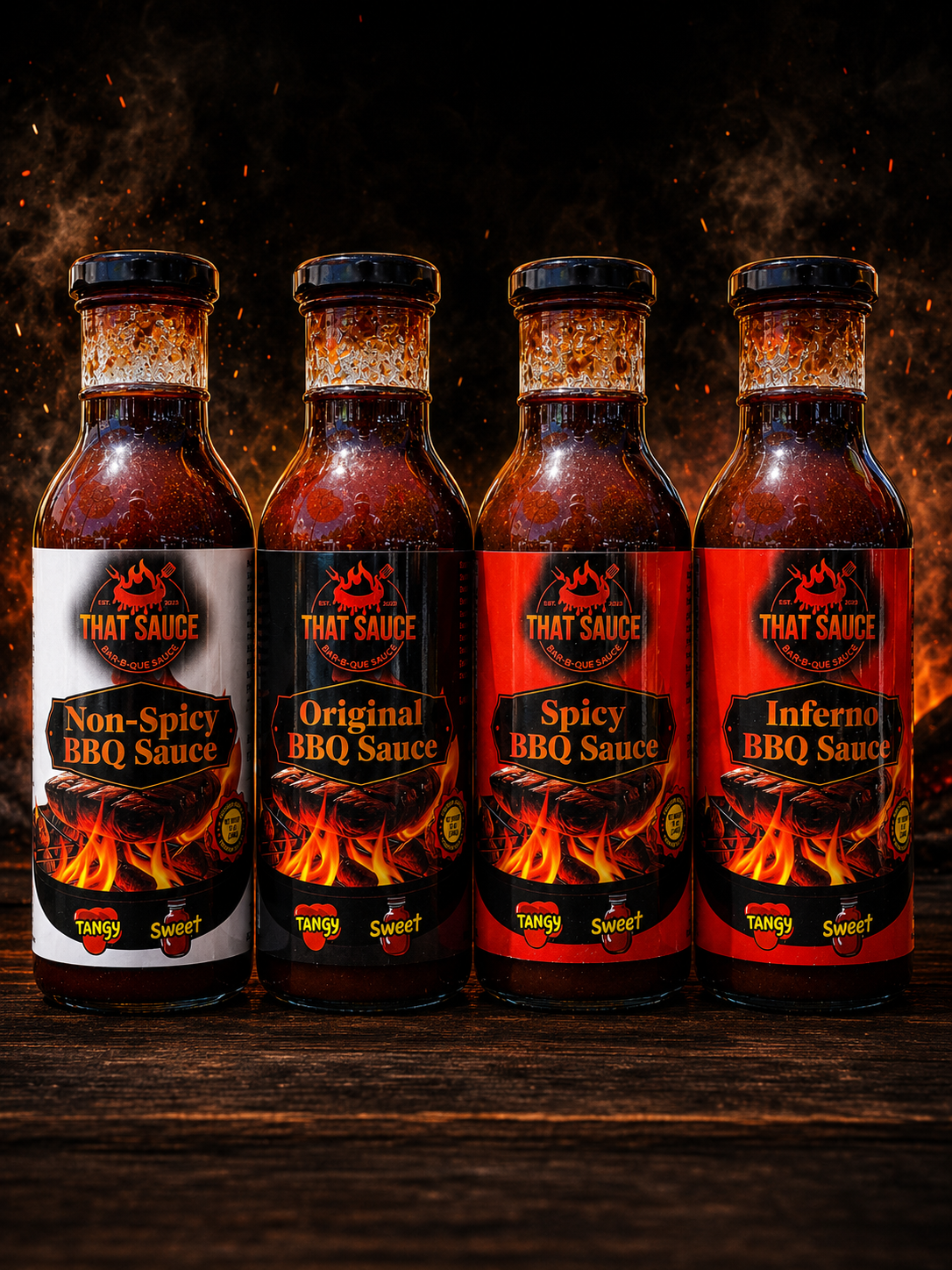 The THAT Sauce Flight – Non-Spicy, Original, Spicy, Inferno
